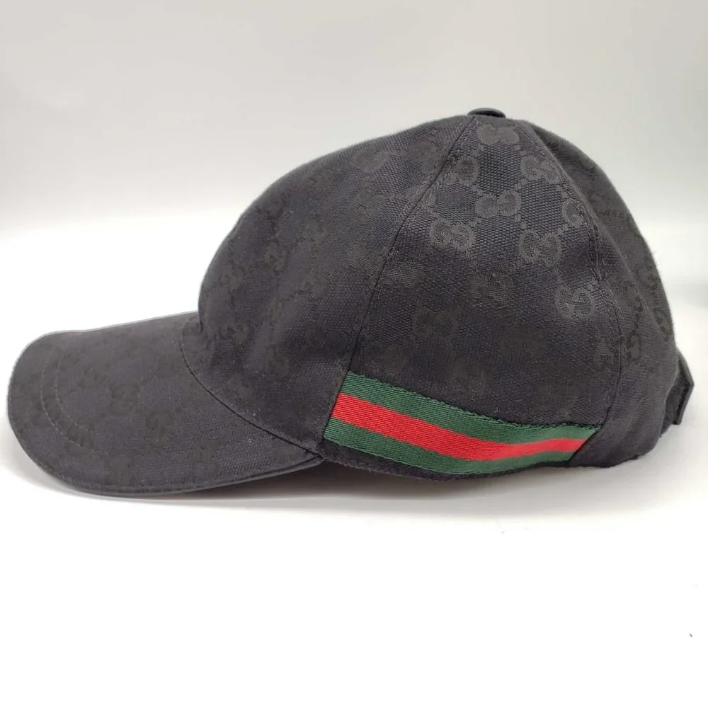 100% Authentic Gucci Cap Black Canvas Leather Hat Unisex - Picture 2 of 11